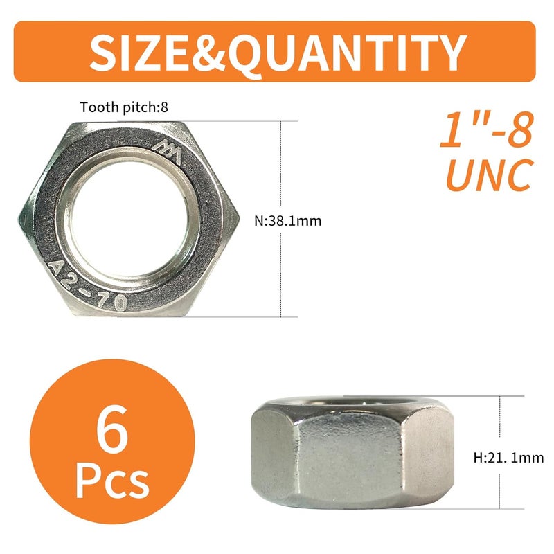 HXCOMET Store 1"-8 Hex Nuts (6pcs), 304 Stainless Steel (18-8), Hardware, UNC, Coarse Thread - Image 2